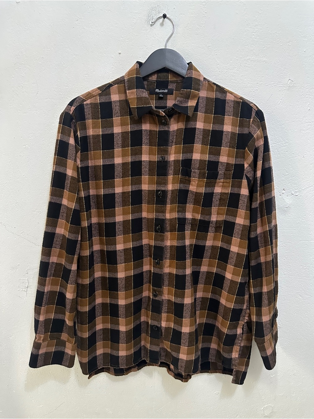 Madewell Women’s S Plaid Button Up Shirt Brown Black Pink Cotton Long Sleeve